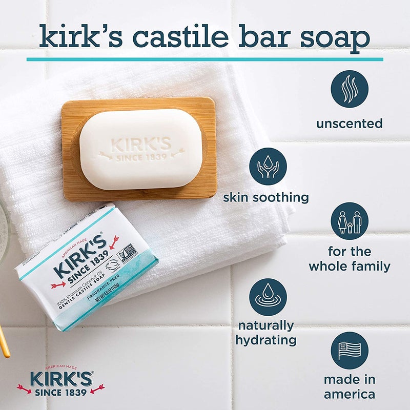 Kirk's Castile Bar Soap by KirkÃ¢â‚¬â„¢s | Clean Soap for Men, Women & Children | Premium Coconut Oil | Sensitive Skin Formula, Vegan | Fragrance-Free/Unscented | 4 oz. Bars - 12 Pack - Image 2